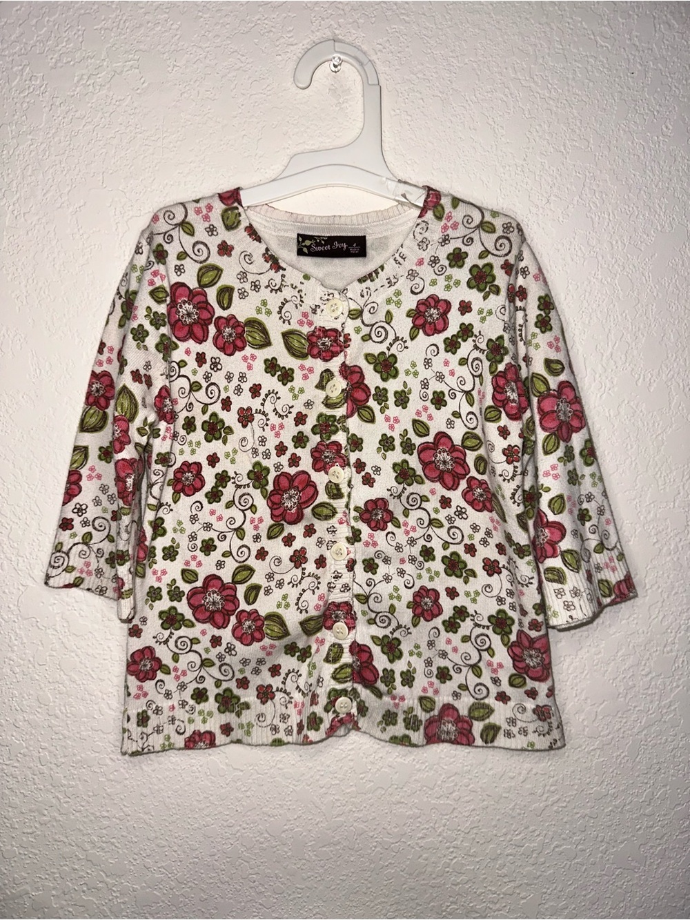y2k Sweet Ivy Button-Up Floral Cardigan Sweater - White with Pink Flowers Size 4